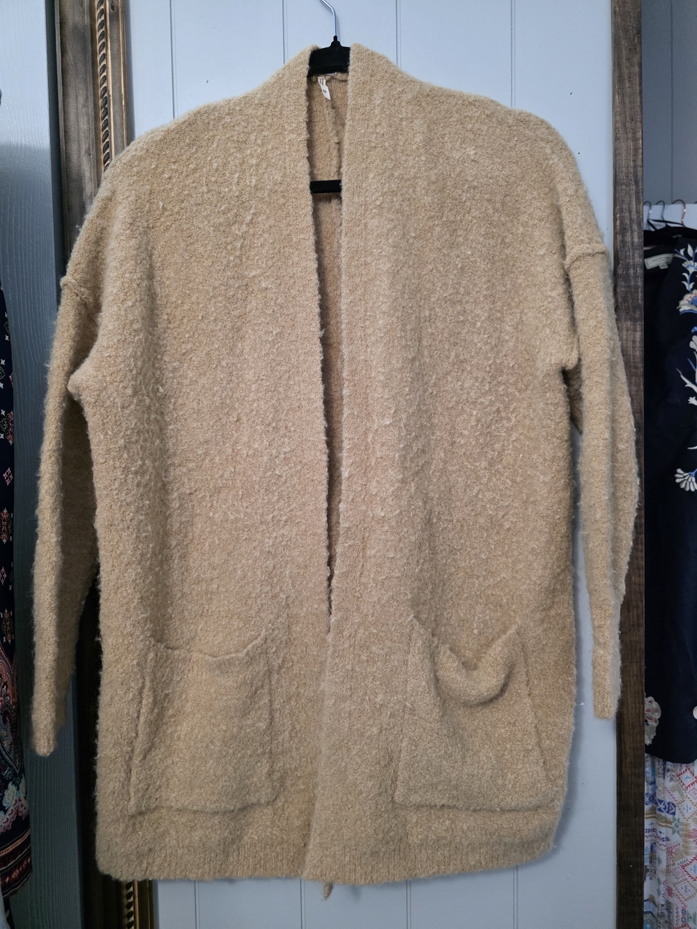 Free People Open-Front Cozy Bouclé Cardigan in Camel